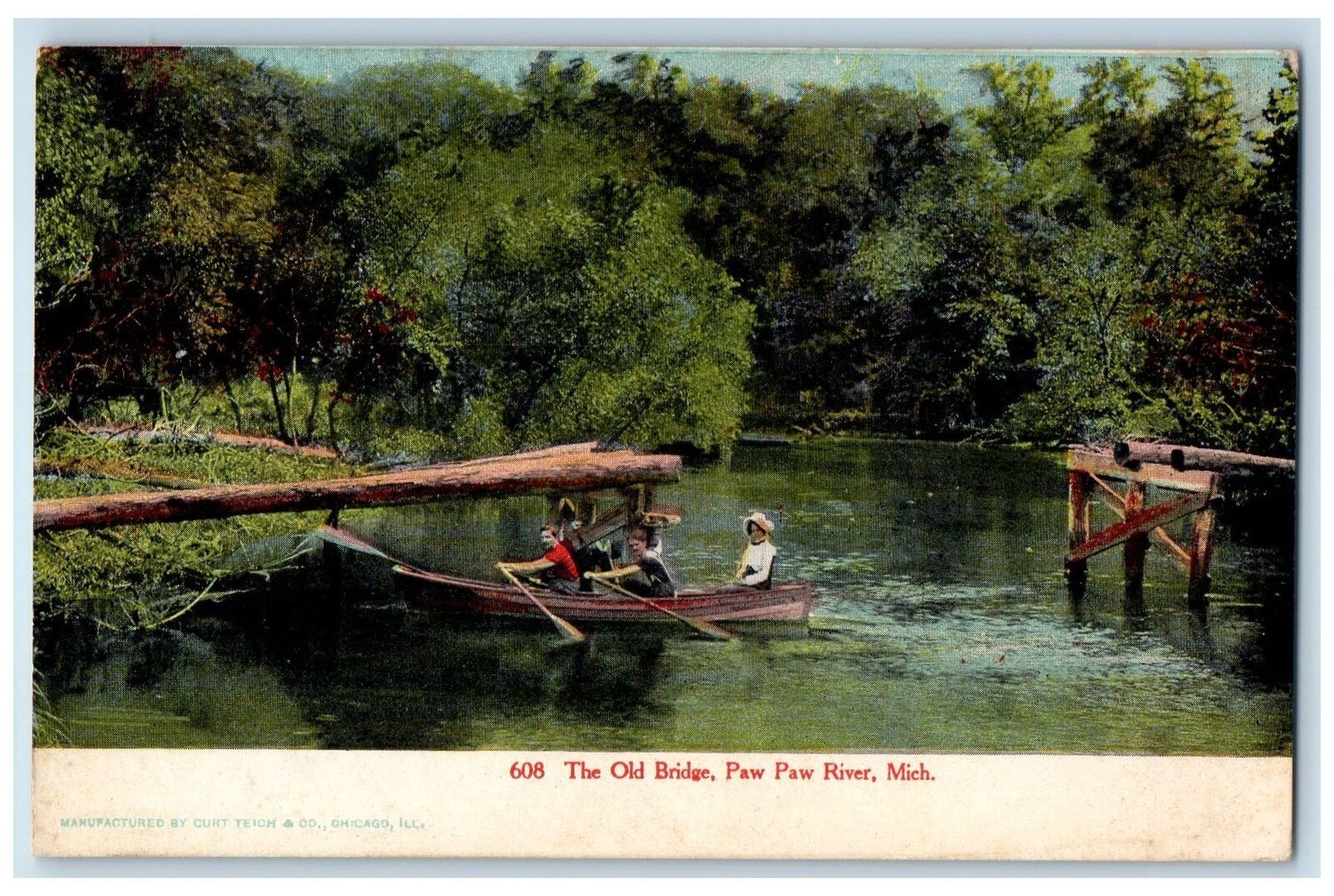 c1905s The Old Bridge Canoeing Scene Paw Paw River Michigan MI Unposted Postcard
