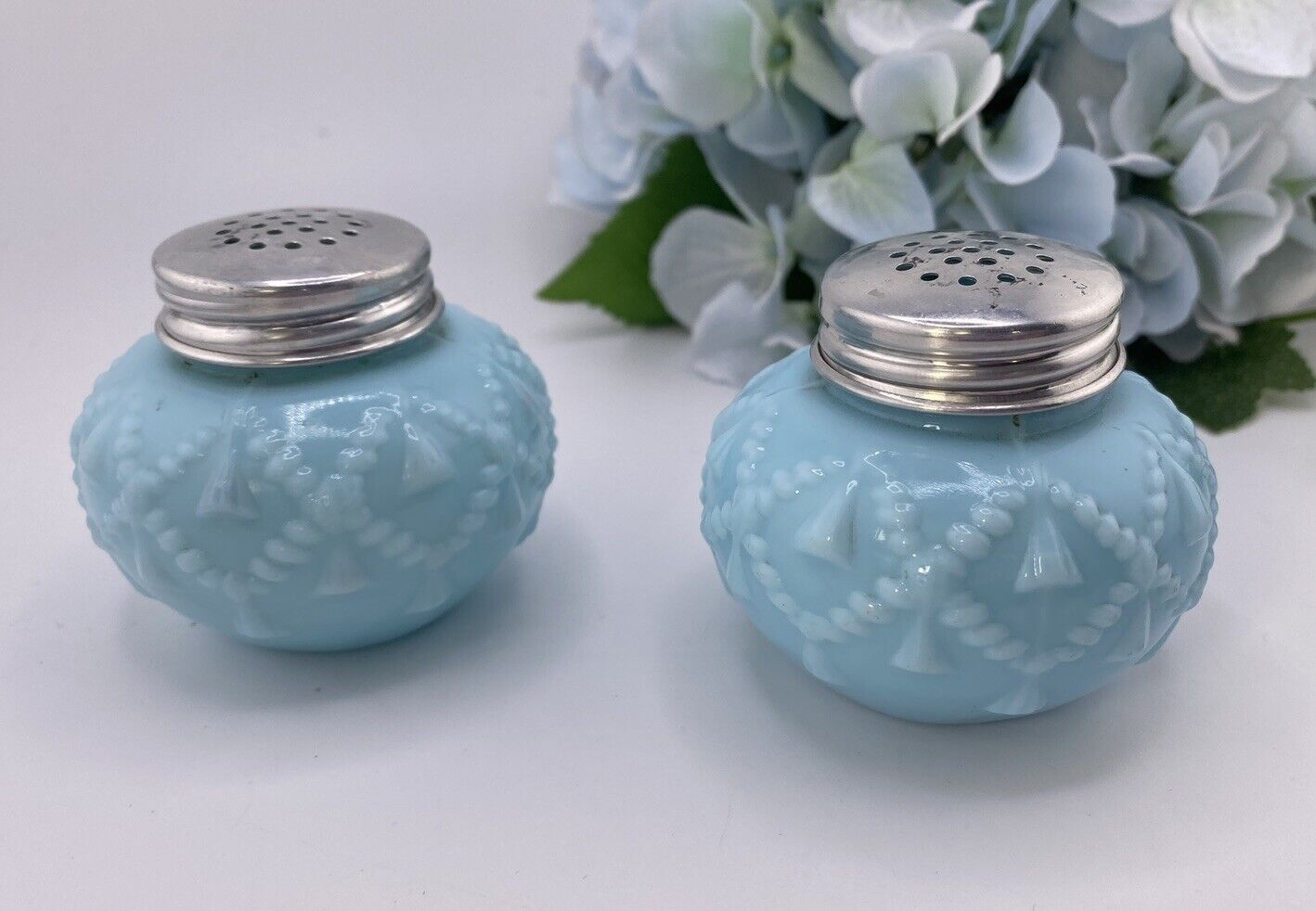 Vintage Light Blue Salt & Pepper Shakers Metal Lids Opaque Baby Blue Glass
