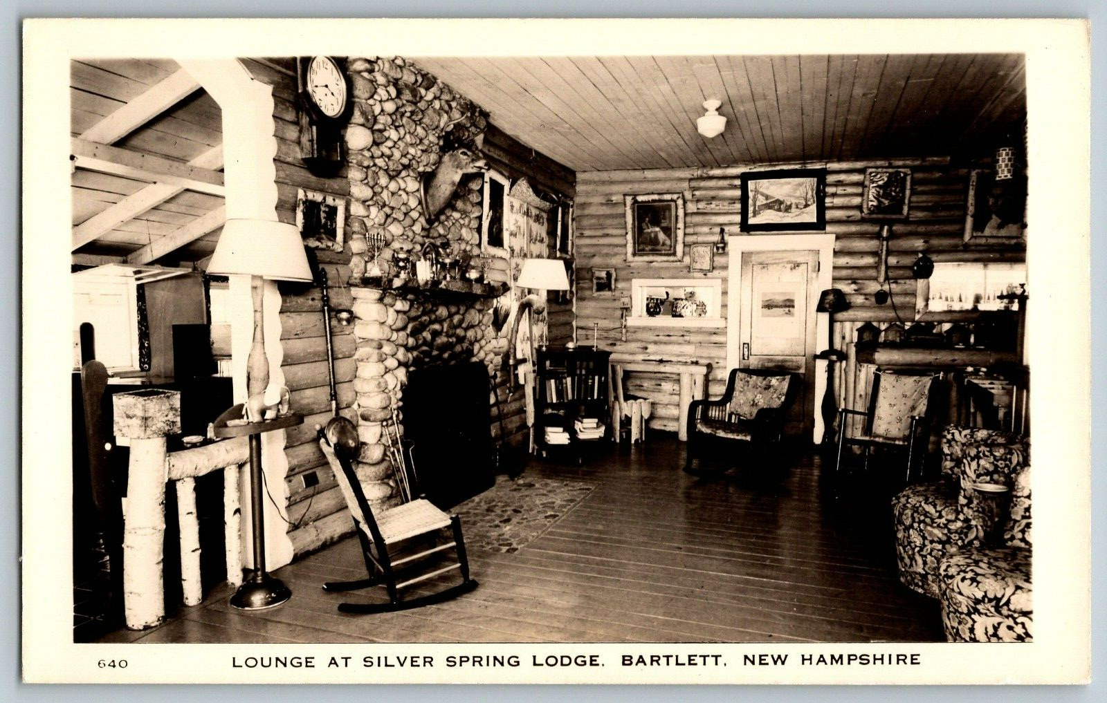 RPPC Vintage Postcard - Bartlett, New Hampshire - Lounge at Silver Spring Lodge