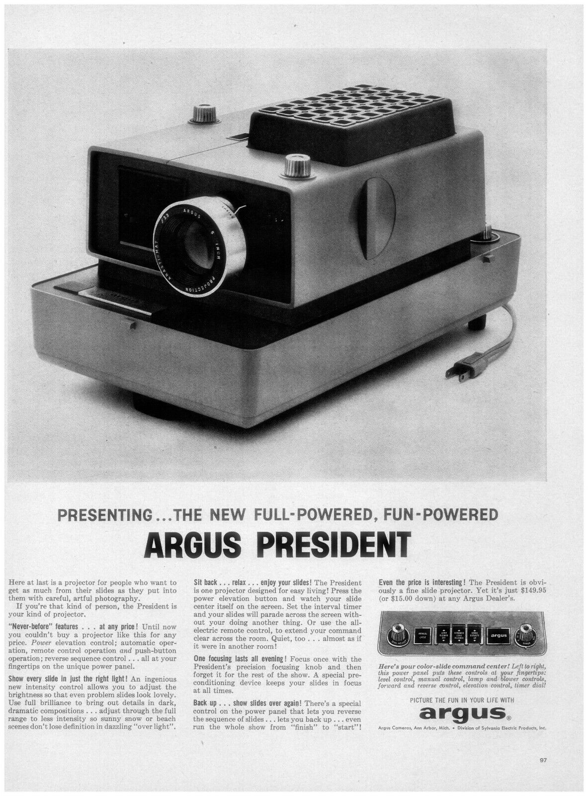 1959 Argus President Projector Vintage Print Ad Full Powered 