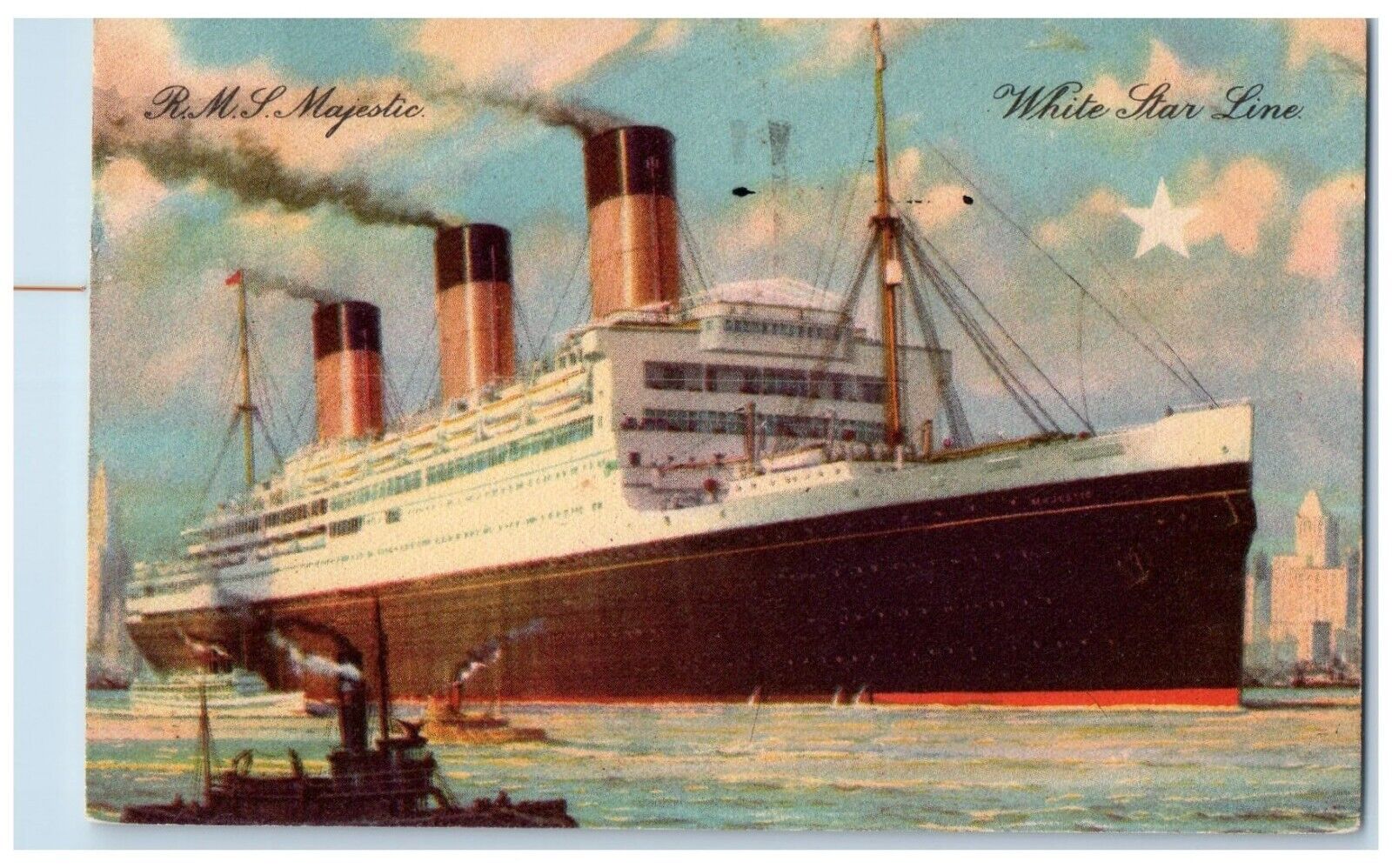 1937 R.M.S Majestic White Star Line Steamer Cruise Ferry Ship Vintage Postcard