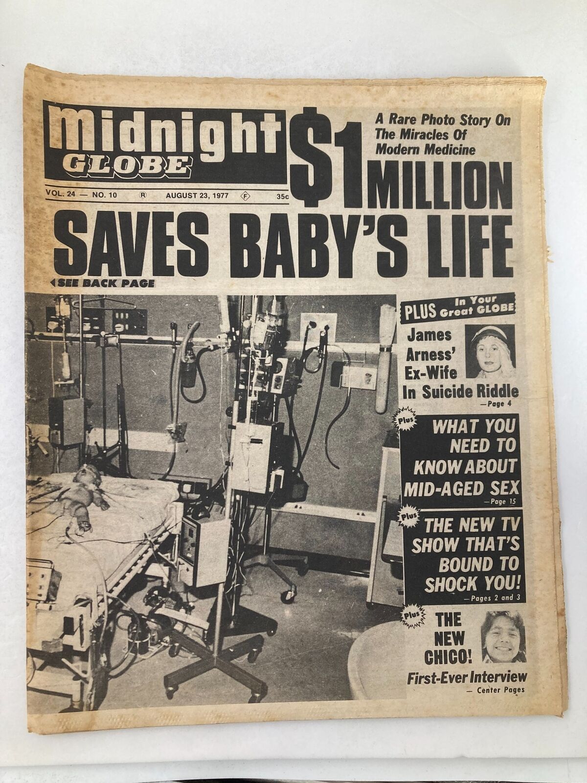 Midnight Globe Tabloid August 23 1977 Vol 24 #10 James Arness\' Ex-Wife Suicide