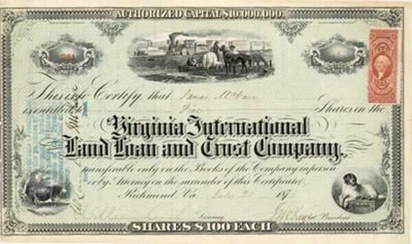 Virginia International Land Loan and Trust Co. - Stock Certificate - Banking Sto