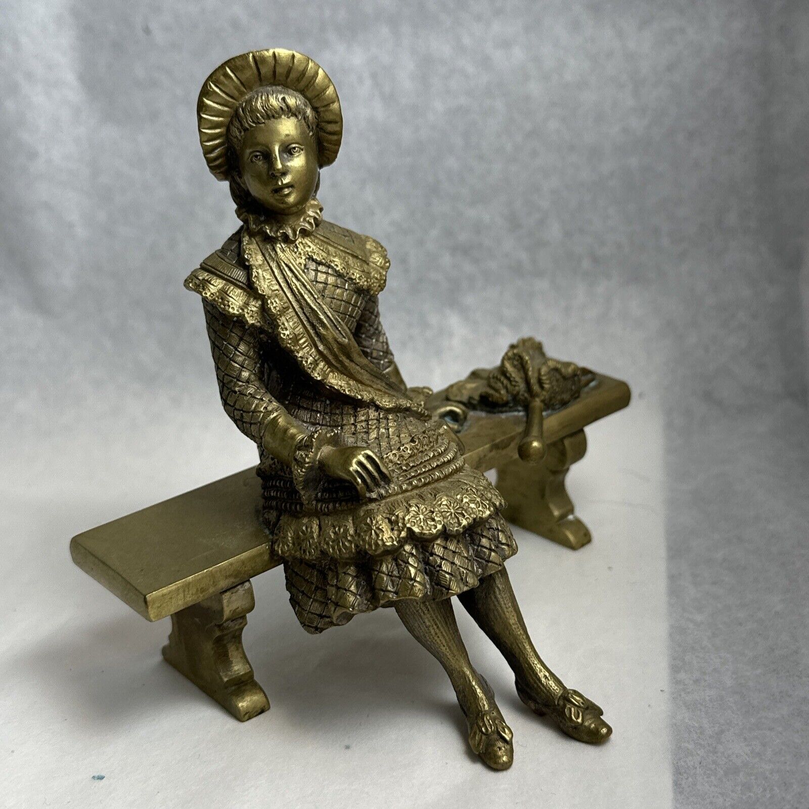 Heavy Bronze Gilt Antique Lady With Umbrella On Bench