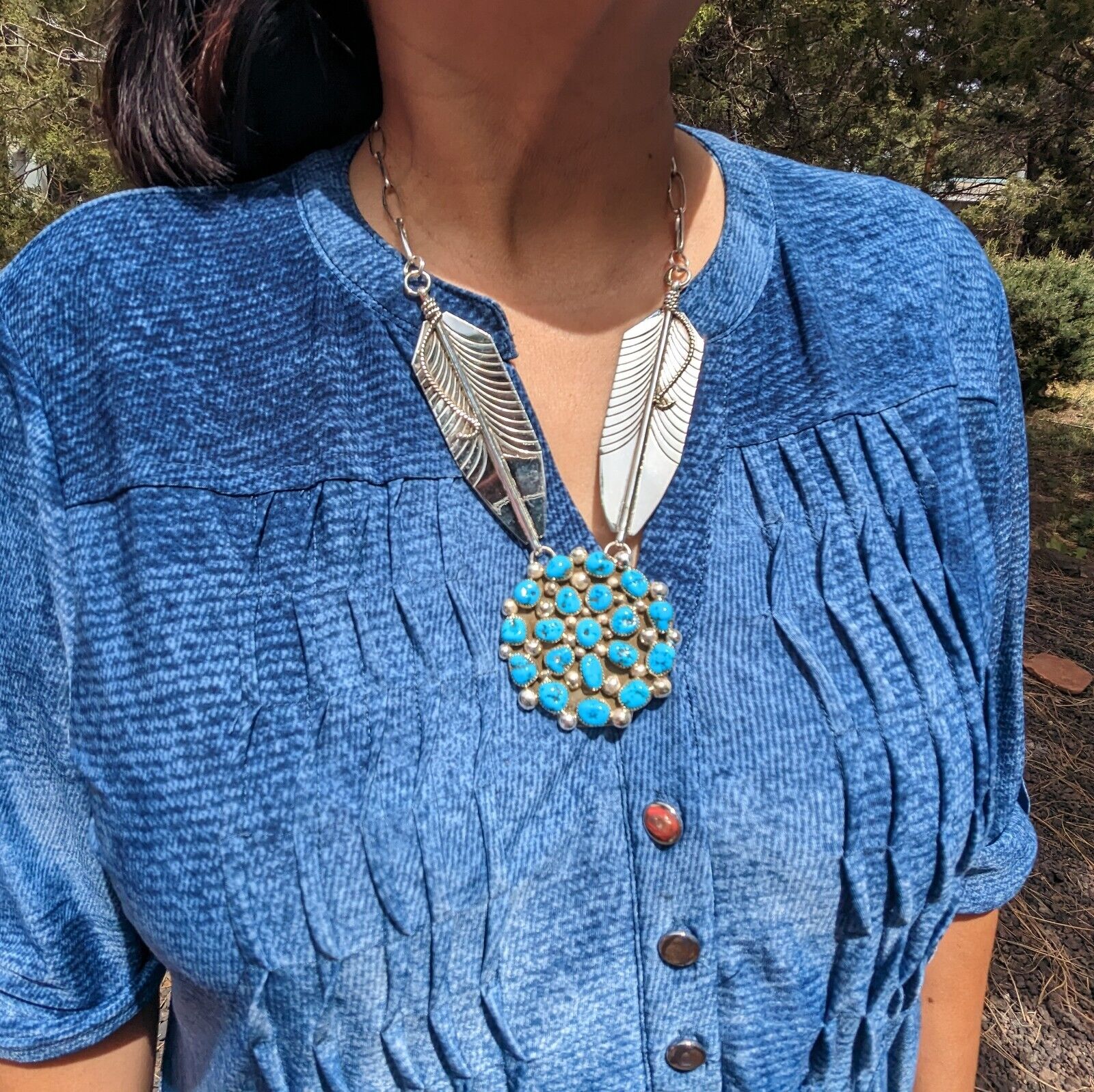 Native American Chain Necklace Handmade Cluster Turquoise Twin large Feathers