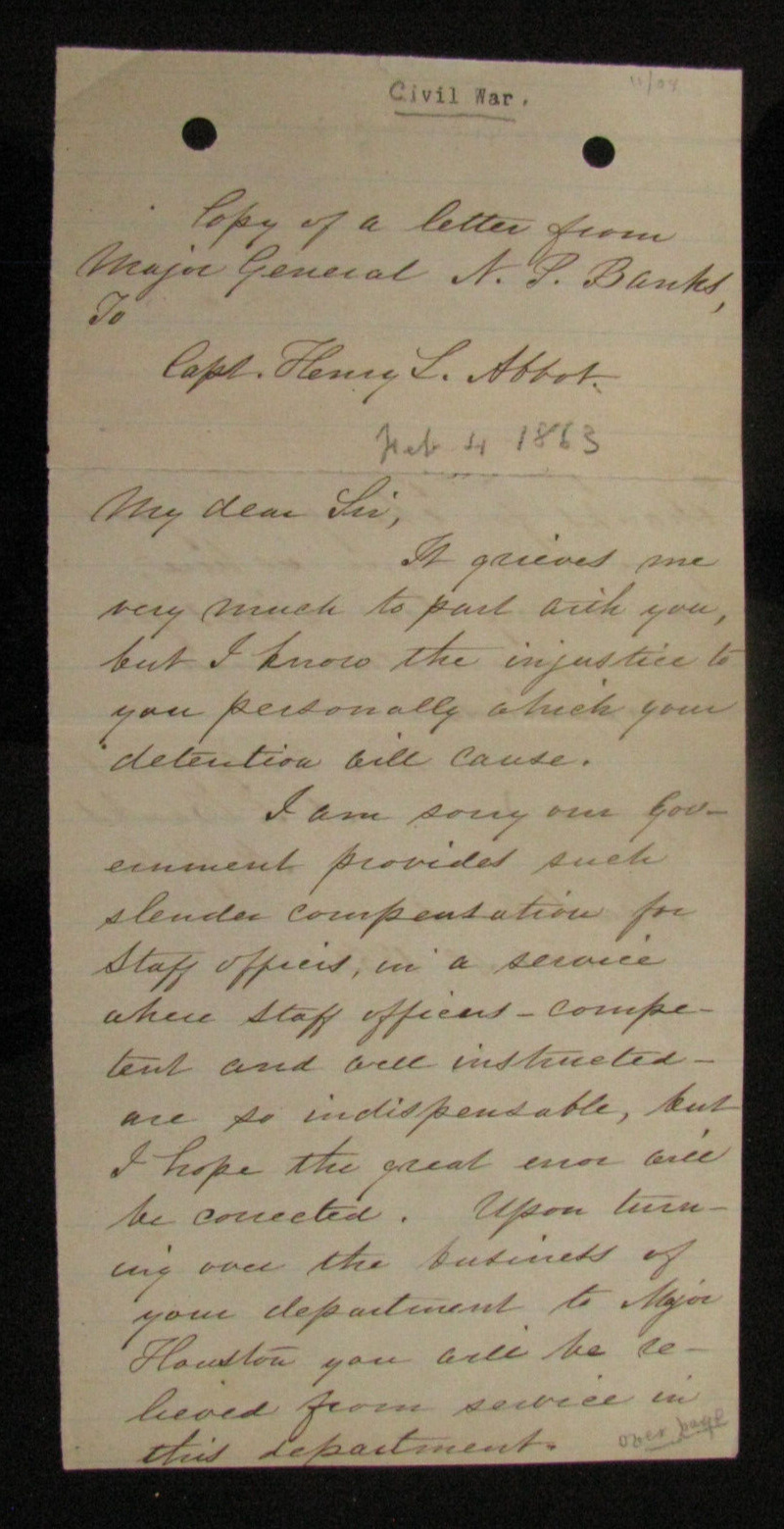 CIVIL WAR GENERAL NP BANKS LETTER TO GENERAL HENRY L ABBOTT 1863