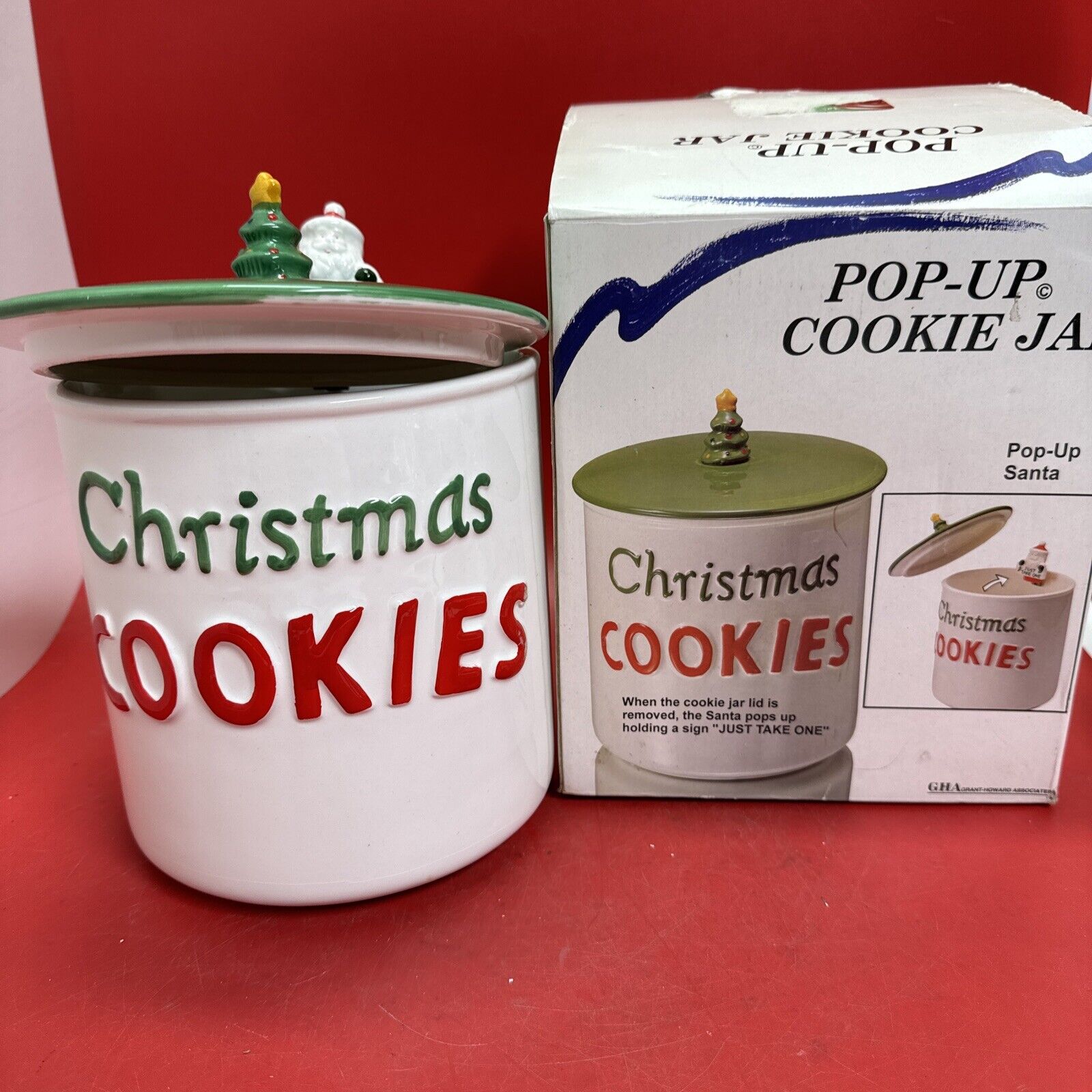 Vintage Grant-Howard Pop Up Christmas Cookie Jar with / Pop Up Santa