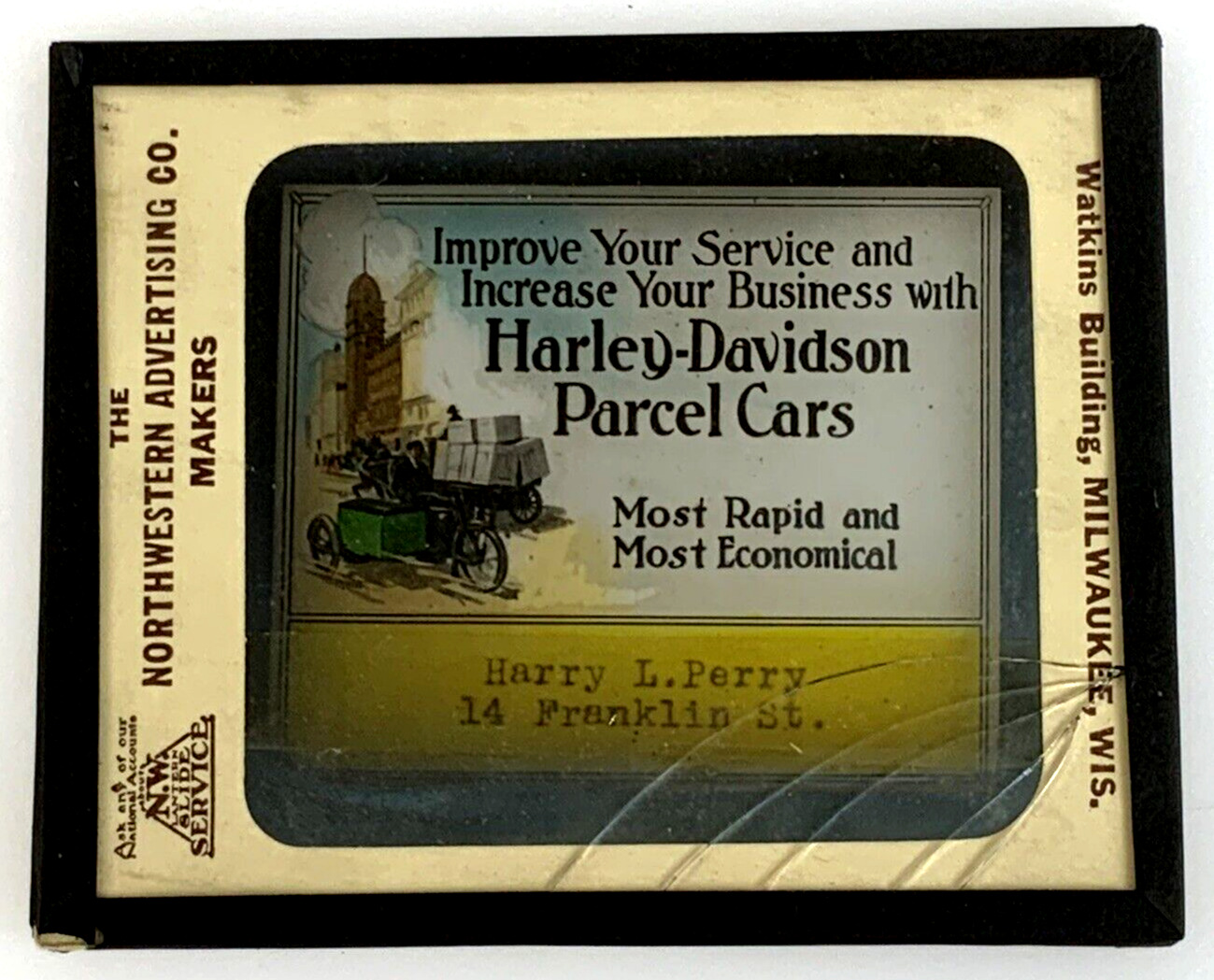 Antique HARLEY-DAVIDSON Parcel Car Ad MAGIC LANTERN Movie Glass Slide Vtg