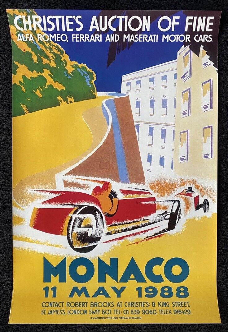 Original 1988 Christie's Monaco Alfa Romeo Ferrari Maserati Car Auction Poster 