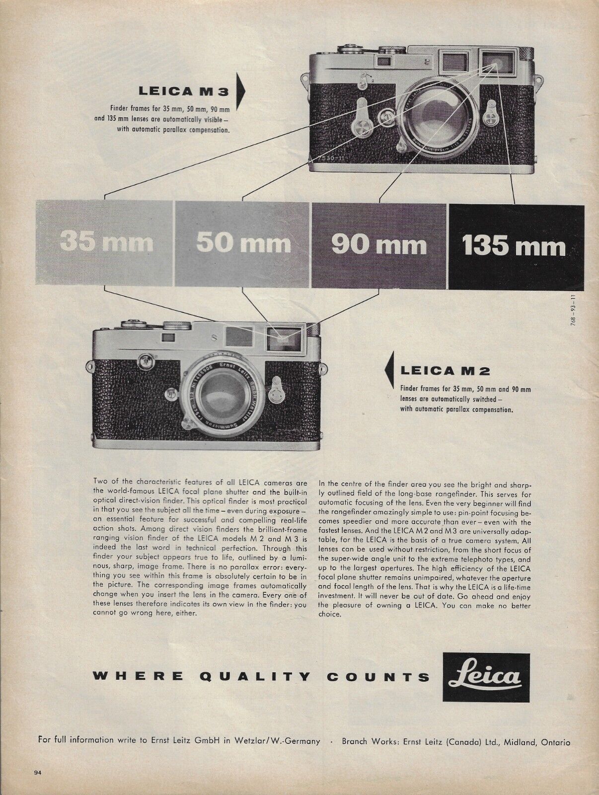 1957 Leica M3 M2 Camera 34 50 90 mm Focal Plane Shutter Vintage Print Ad x