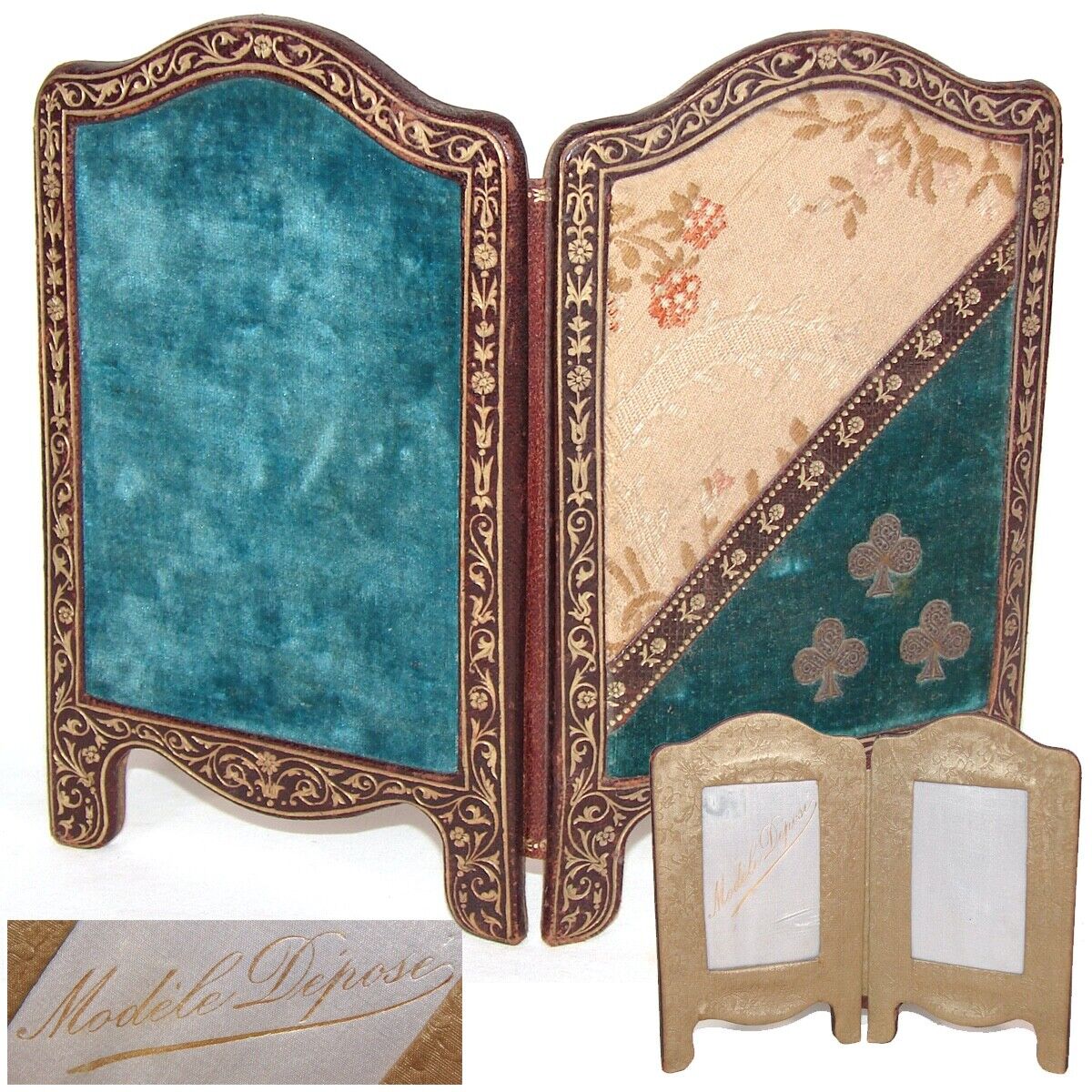Antique French Embossed Leather Folding Picture Frame, Doll Size Dressing Screen