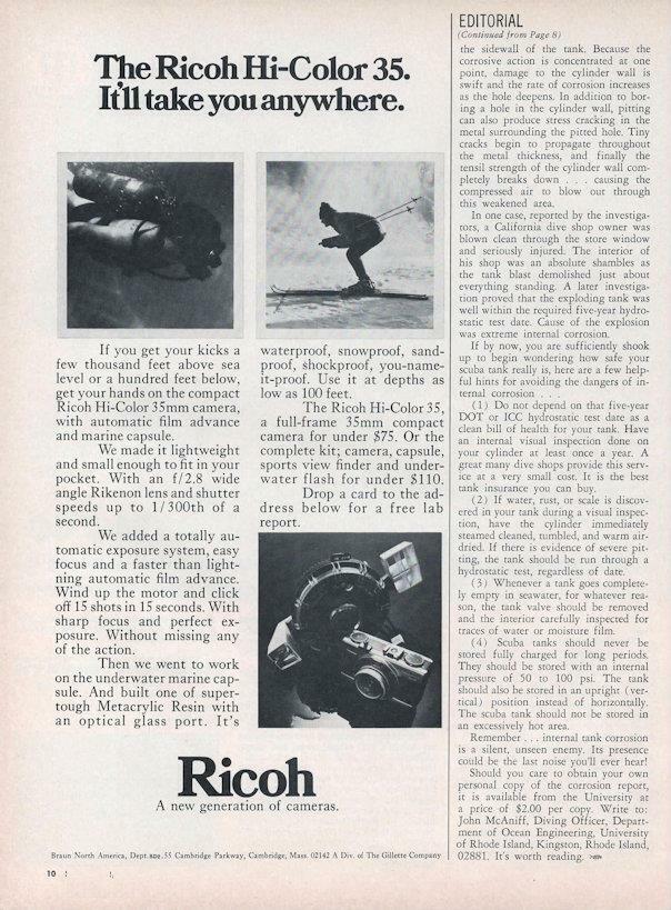 1971 Ricoh PRINT AD Vintage Hi-Color 35 Underwater Scuba Skin Diving Camera