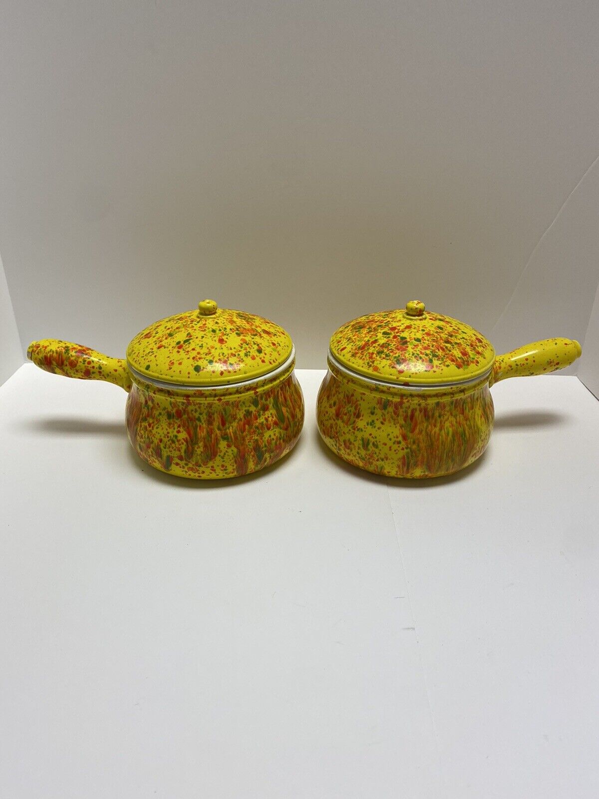 Vintage MCM Ceramic Lidded Fondue Pots Yellow With Orange & Green Speckles