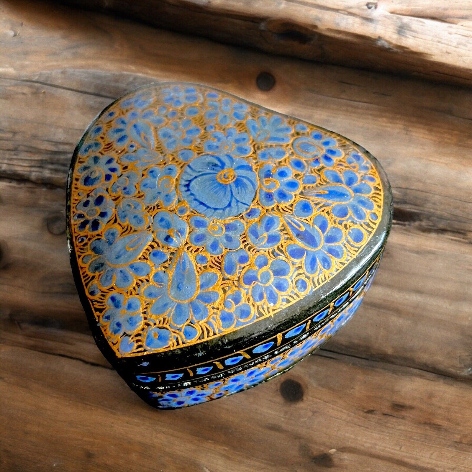 Vintage Blue Pansy  Heart Trinket Stash Box - Hand-Painted Paper Mache (India)