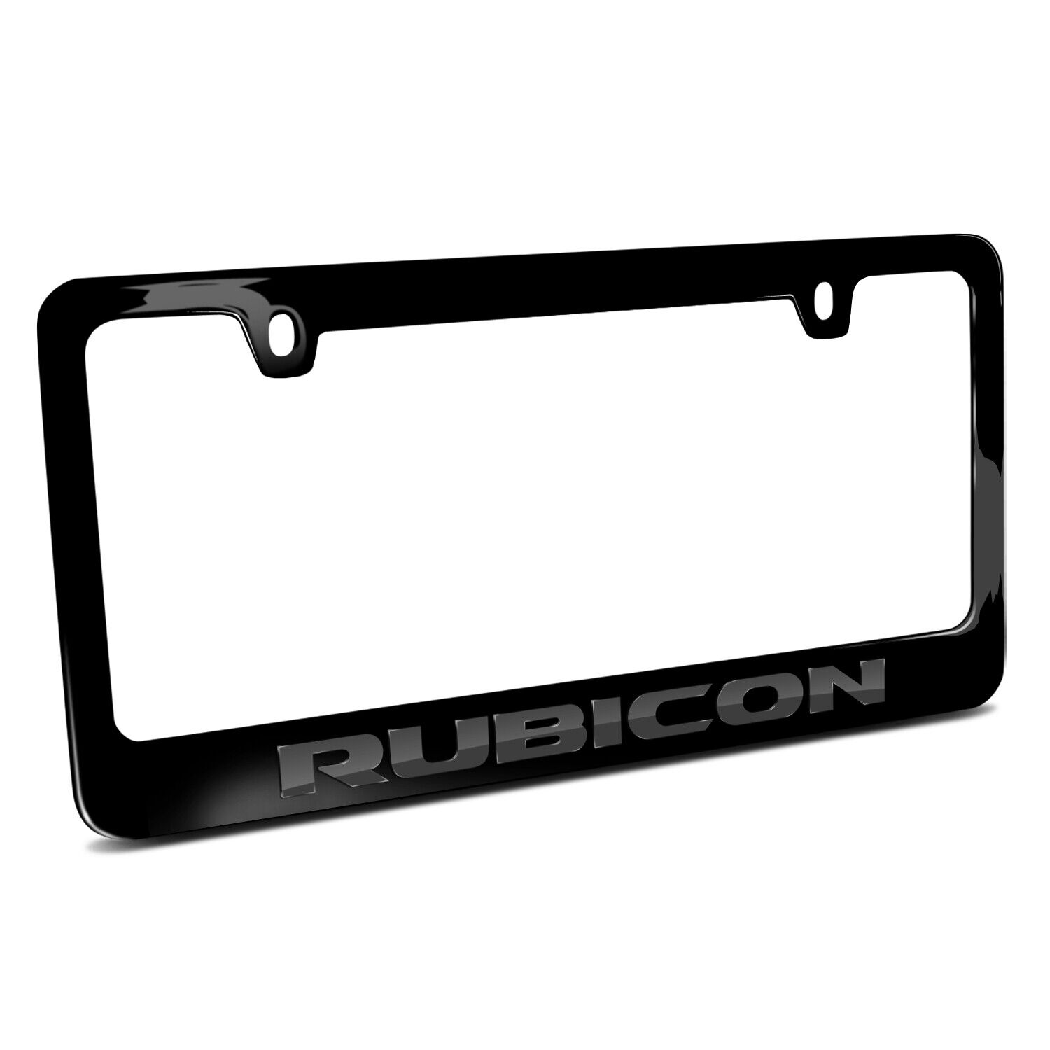 Jeep Rubicon in 3D Dark Gray Letters on Black Metal License Plate Frame