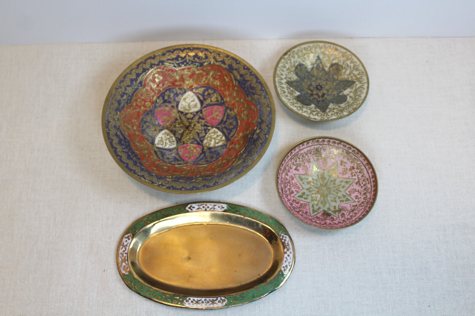 Lot of 4 Vintage Hand Painted Brass Trinket Dishes Bowls & Tray Made In India