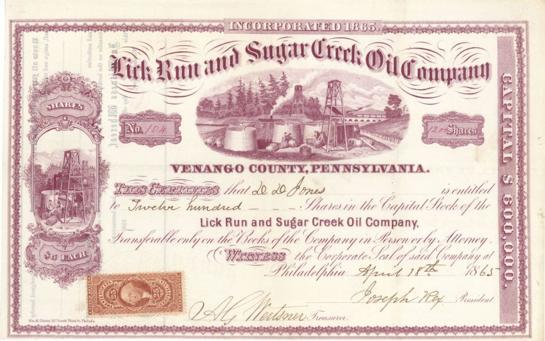 Lick Run and Sugar Creek Oil Co. - Stock Certificate - Oil Stocks and Bonds
