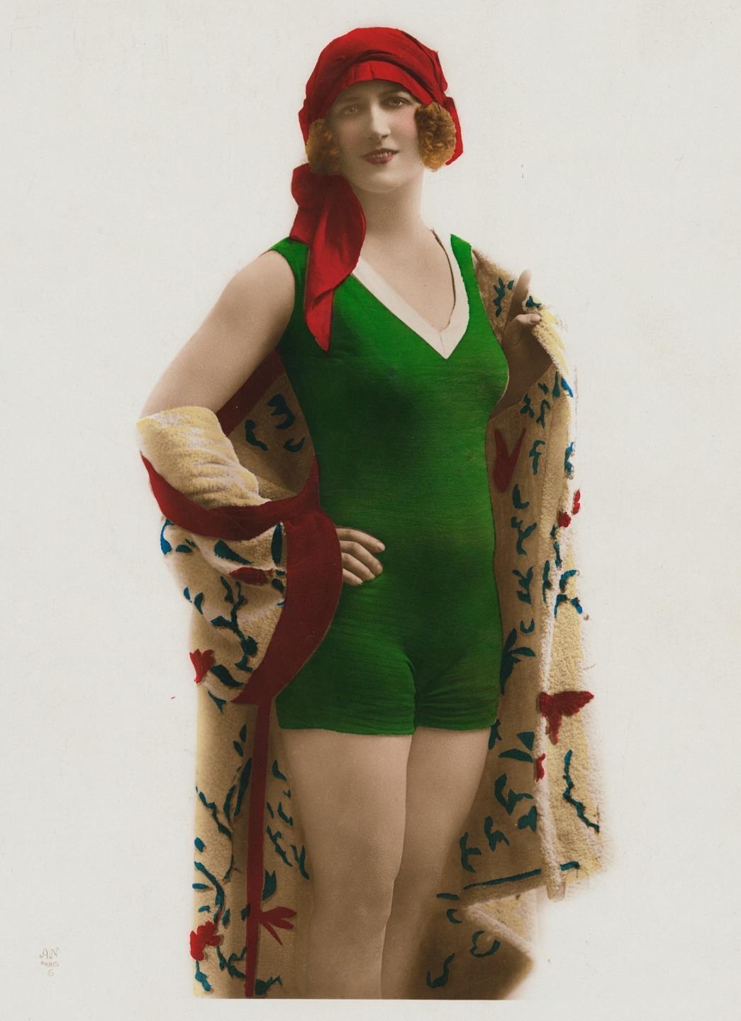 BEAUTIFUL c. 1920's Woman in Bathing Suit Hand-Colored Photograph
