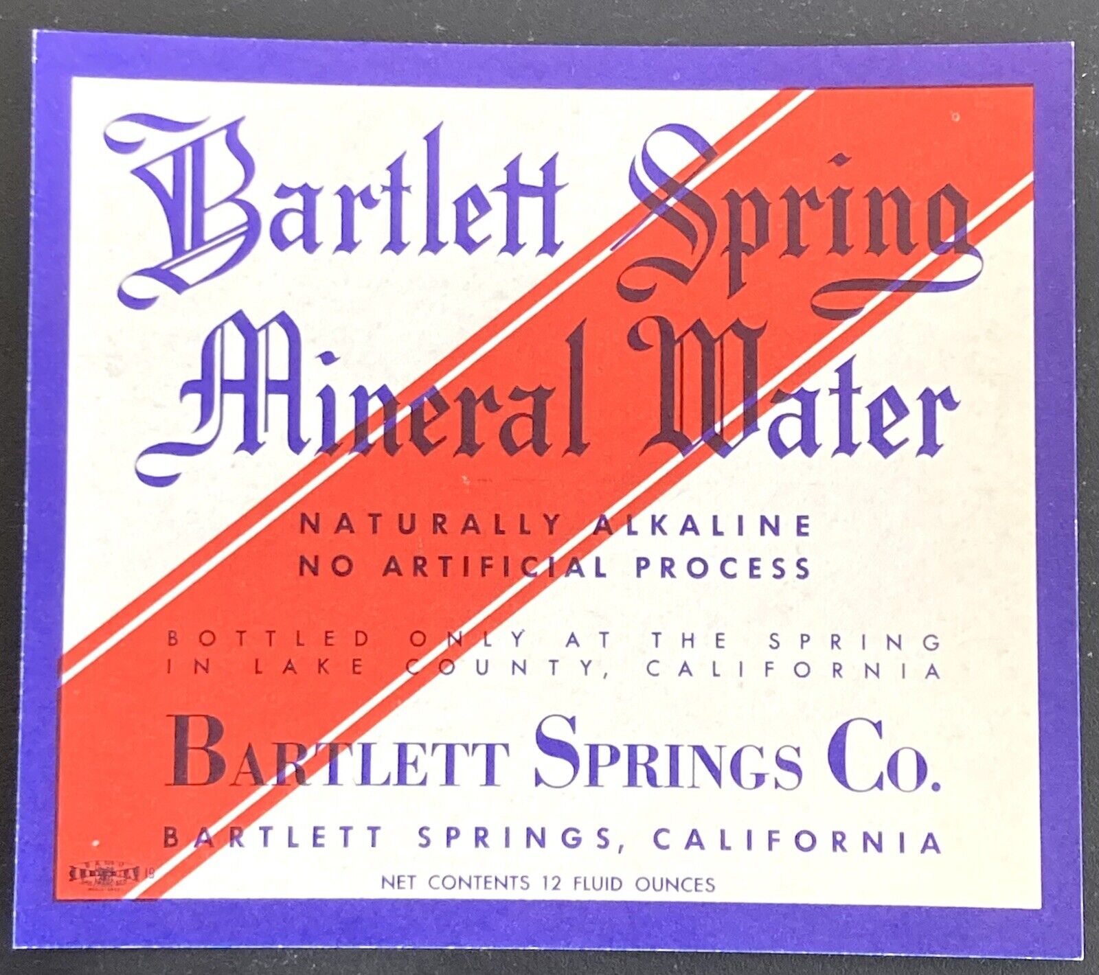 Vintage BARTLETT SPRING MINERAL WATER Bottle Label - Bartlett Springs, CA