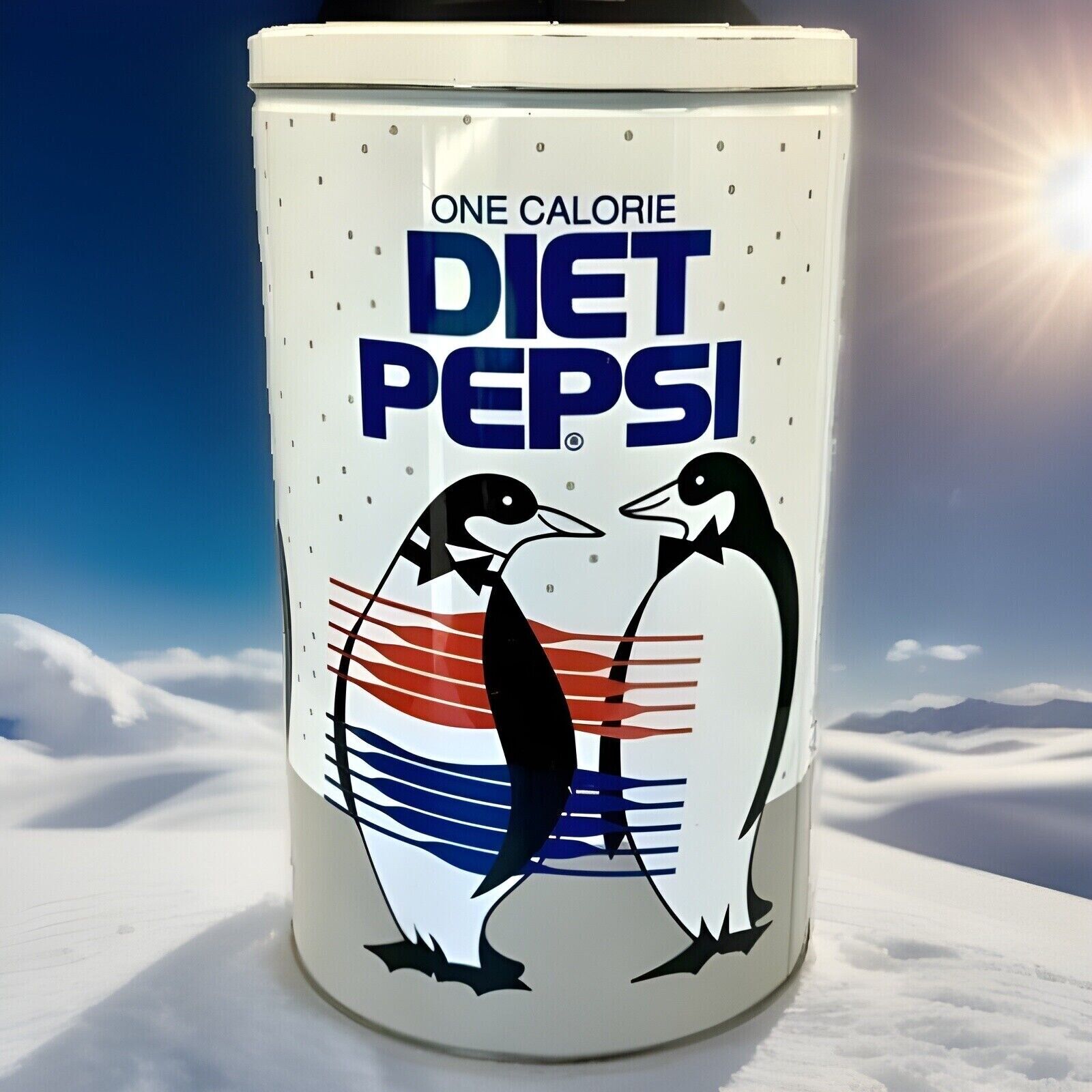 Vintage 1990’s  Large 13” Tall Diet Pepsi Penguins Metal Storage Can W/Lid