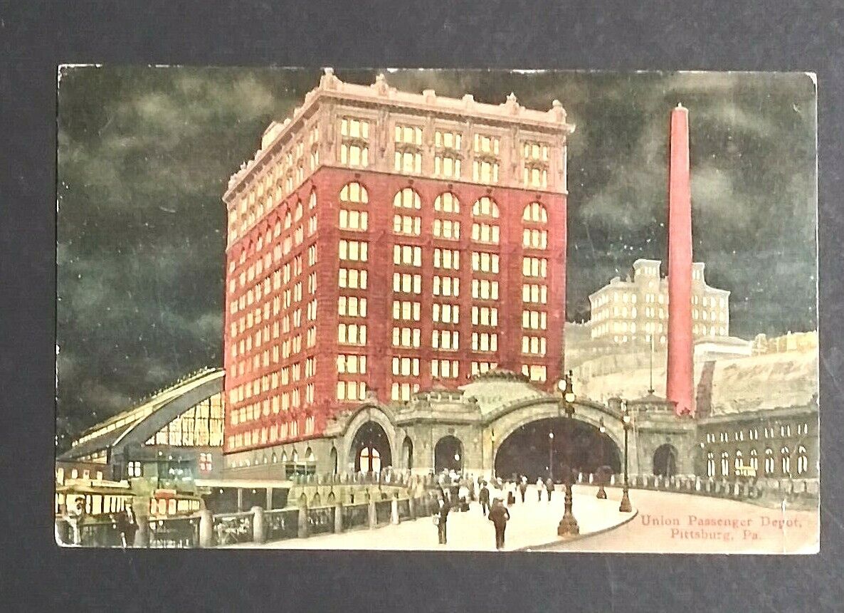 Union Passenger Depot at Night Pittsburgh PA Americhrome M-6860 Postcard 1912