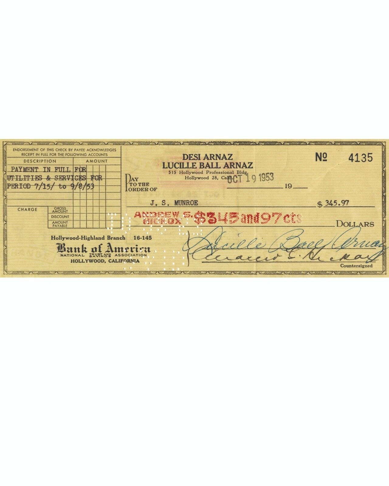 Lucille Ball and Desi Arnaz Reproduction Cancelled Check and 8 x 10 Photo 