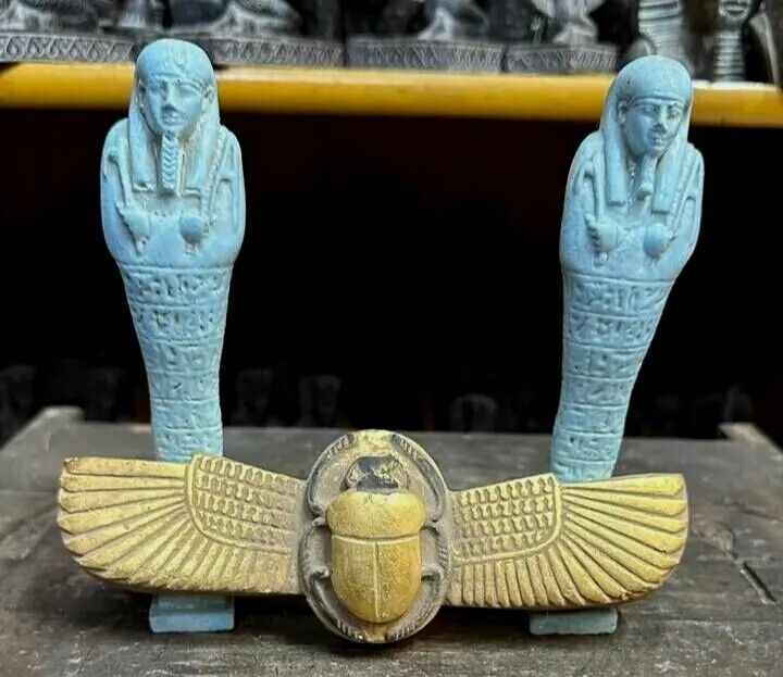 Unique Egyptian Antiques 2 Statue Ushabti Shabti and Scarab Winged Pharaonic BC