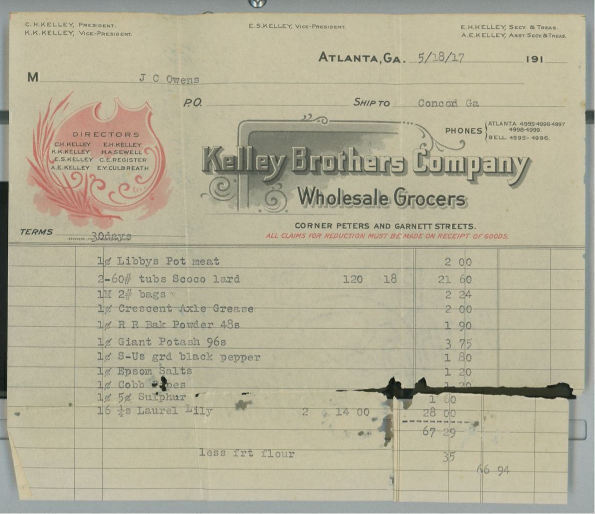 1917 Invoice Kelley Bros. Co. Wholesale Grocers Atlanta Ga to J.C. Owen A71