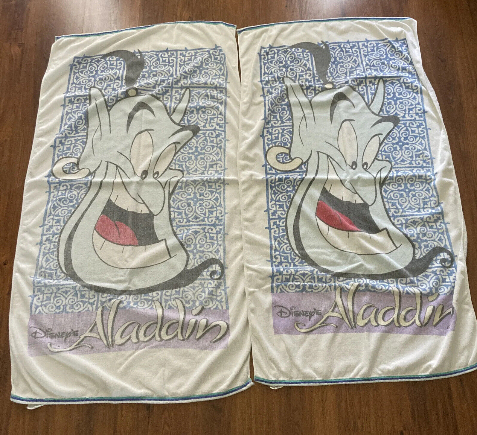 Lot of TWO (2) Vintage Franco Disney Aladdin Genie Beach Towels FADED