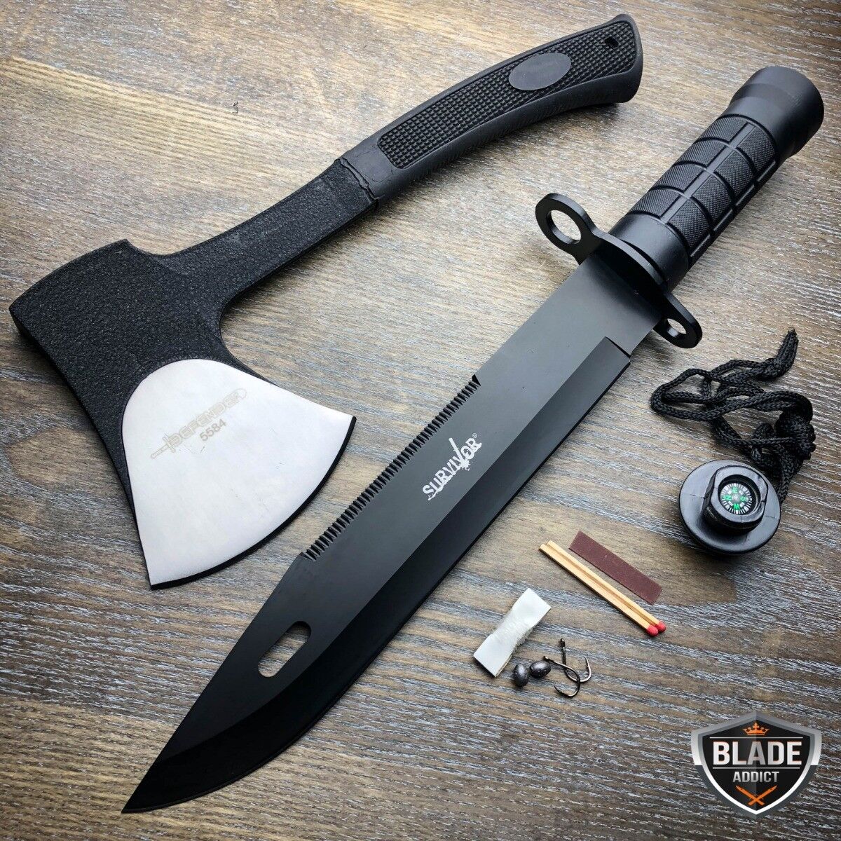 2 PC Tactical Hunting Rambo Fixed Blade Knife Machete Bowie AXE w/ Survival Kit
