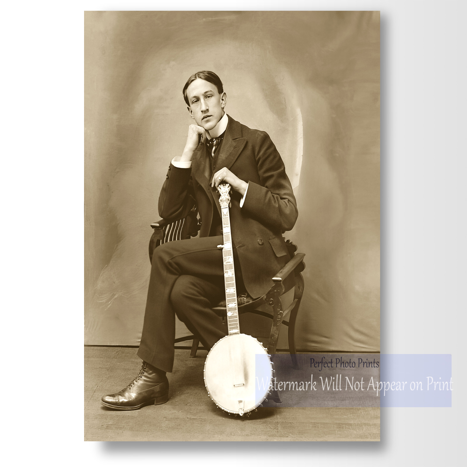 Antique Banjo Player Studio Photo Print - Early 1900s Musician,  Photo Print
