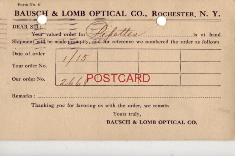 1914 BAUSCH & LOMB OPTICAL CO. Your order, 2669, is at hand ROCHESTER, N. Y.