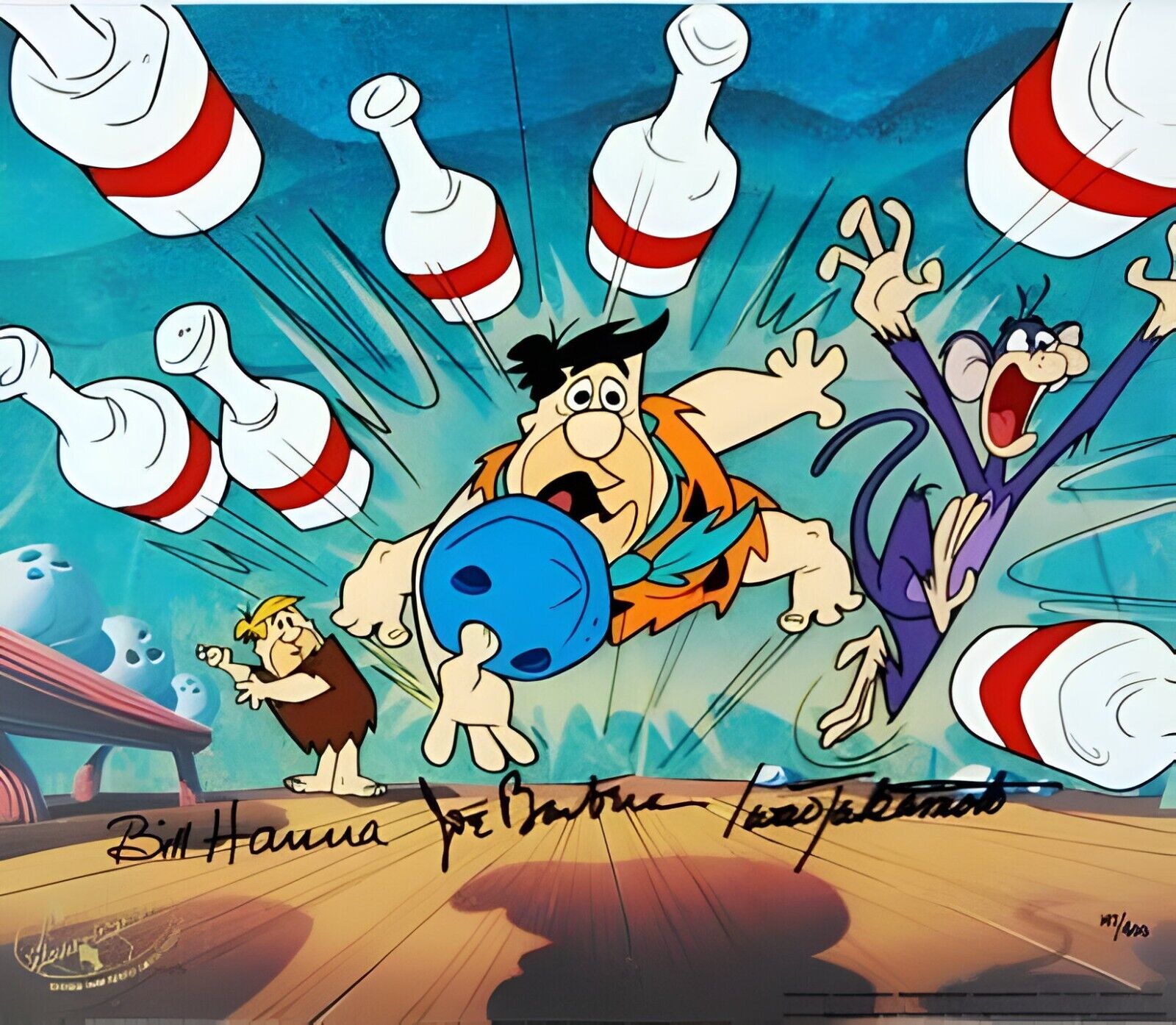 The Flintstones Kingpin Framed Hand signed Painted Animation Bowling Cartoon cel