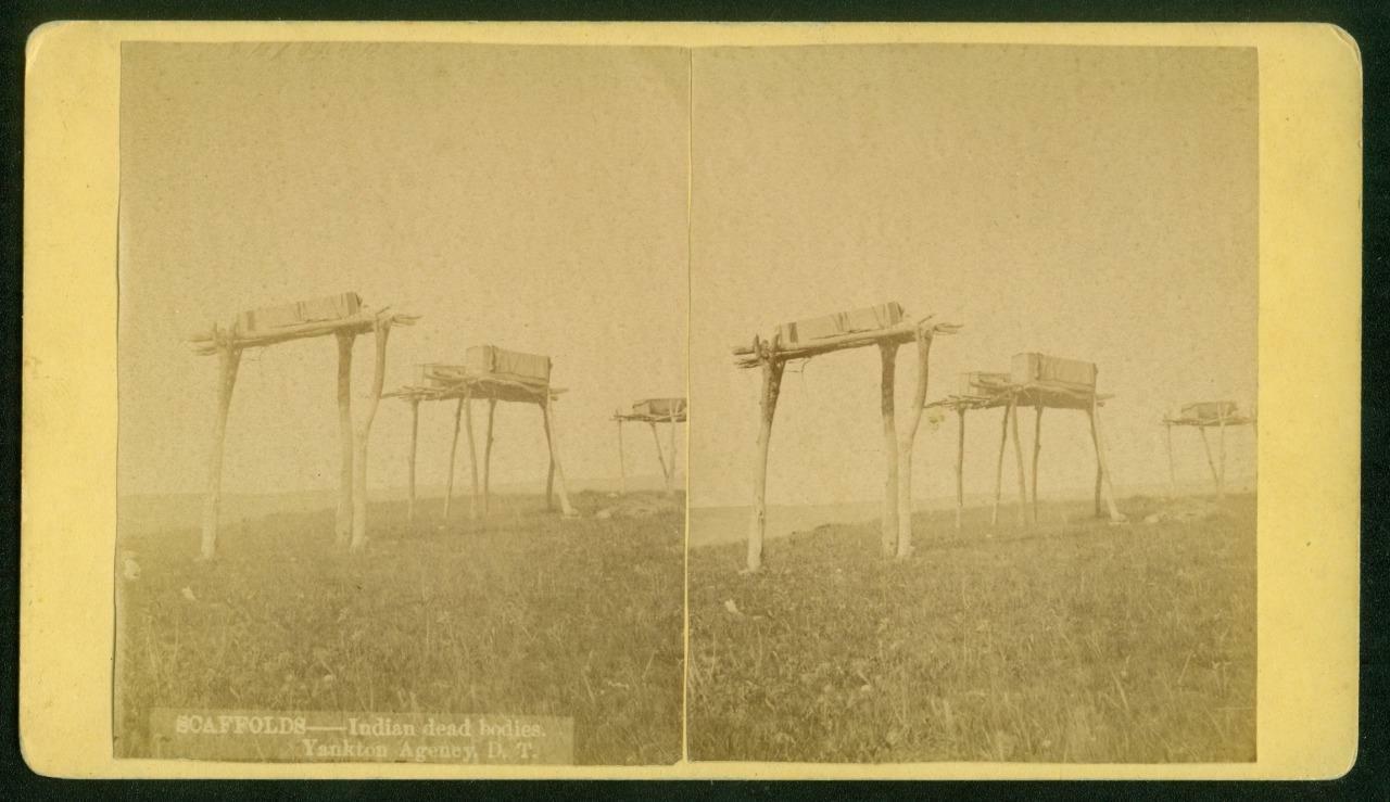 A006, W.R. Cross Stereoview, # -, Scaffolds - Indian Dead Bodies, c.1880's