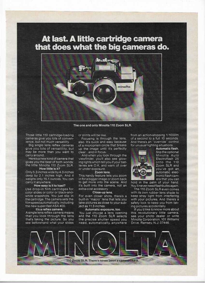 Minolta 110 Zoom SLR Camera 1978 Old Vintage Print Advertisement