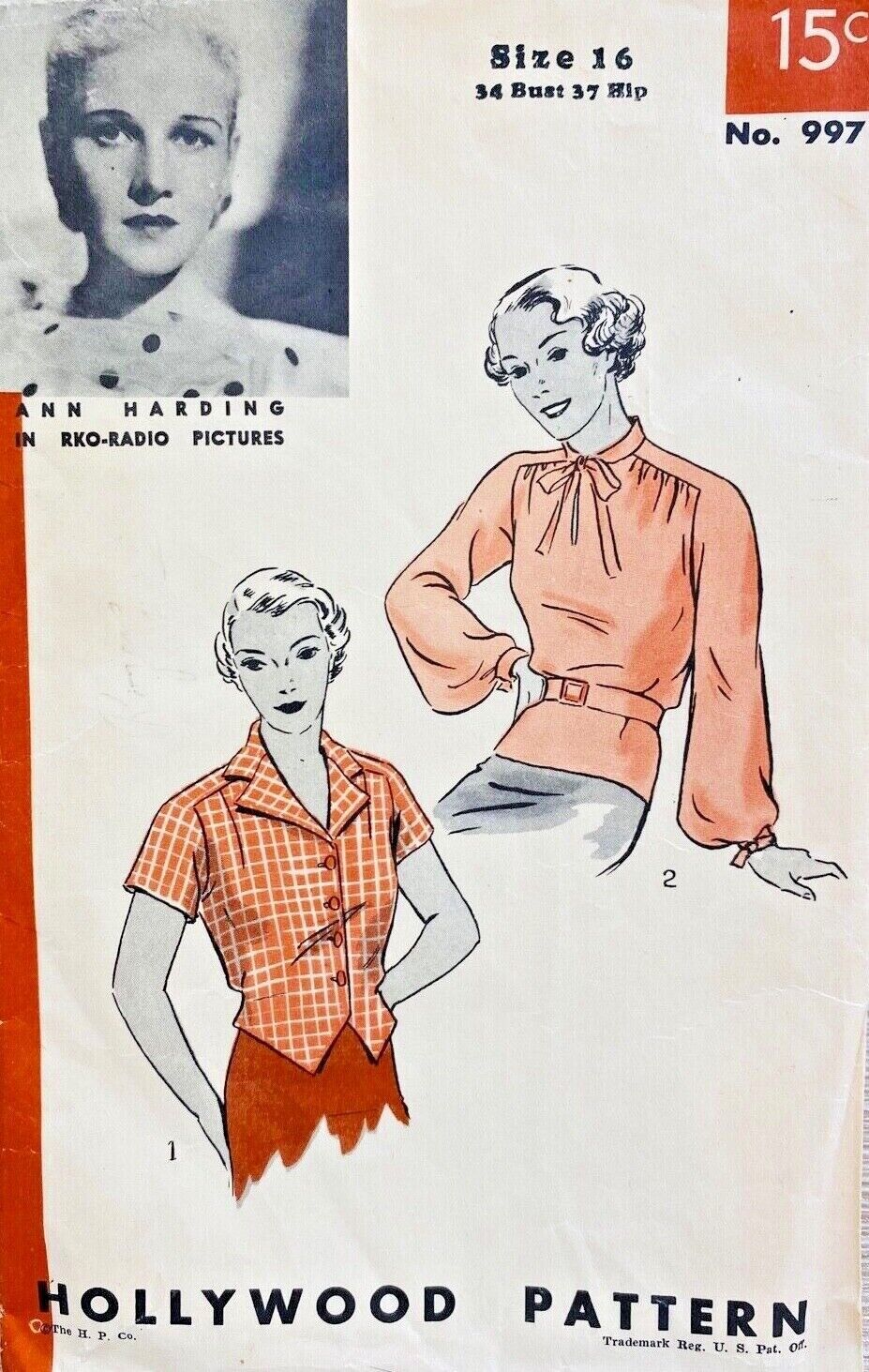 30s HOLLYWOOD PATTERN 997 ANN HARDING SIZE 16 BLOUSES *VERIFIED COMPLETE