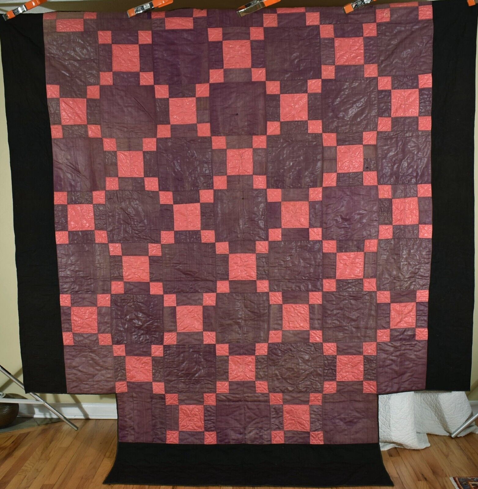 RARE, Very Early 1790\'s Pieced Glazed Linsey-Woolsey Nine Patch Antique Quilt