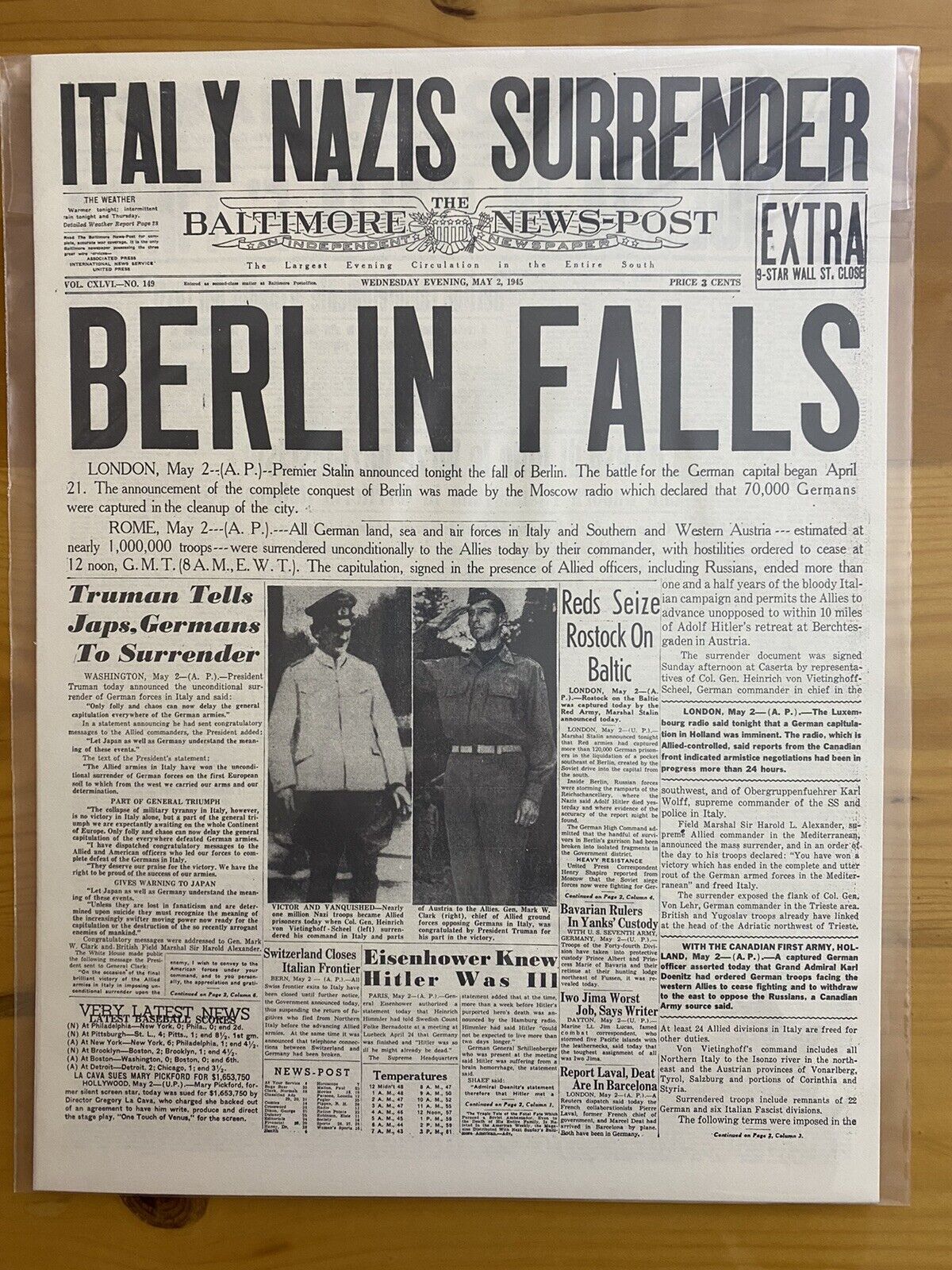 VINTAGE NEWSPAPER HEADLINE ~BERLIN FALLS  SURRENDER GERMANY ITALY 1945 WW2