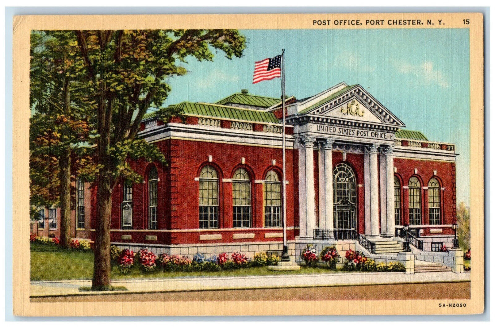 c1940\'s American Flag, Entrance to Post Office Chester New York NY Postcard