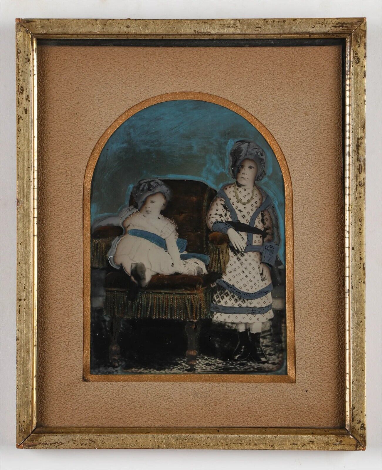 Framed Full Plate Painted Tintype Children Unusual Creepy Effect Folk Art 1800s