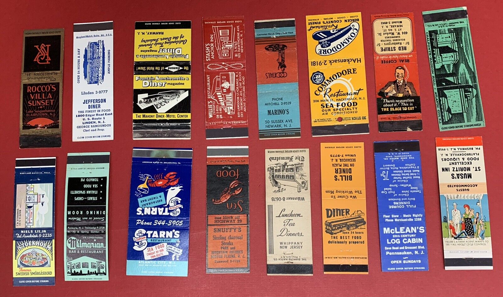16 Different, Early New Jersey Restaurants Matchbook Covers, Circa 1940's-1970's