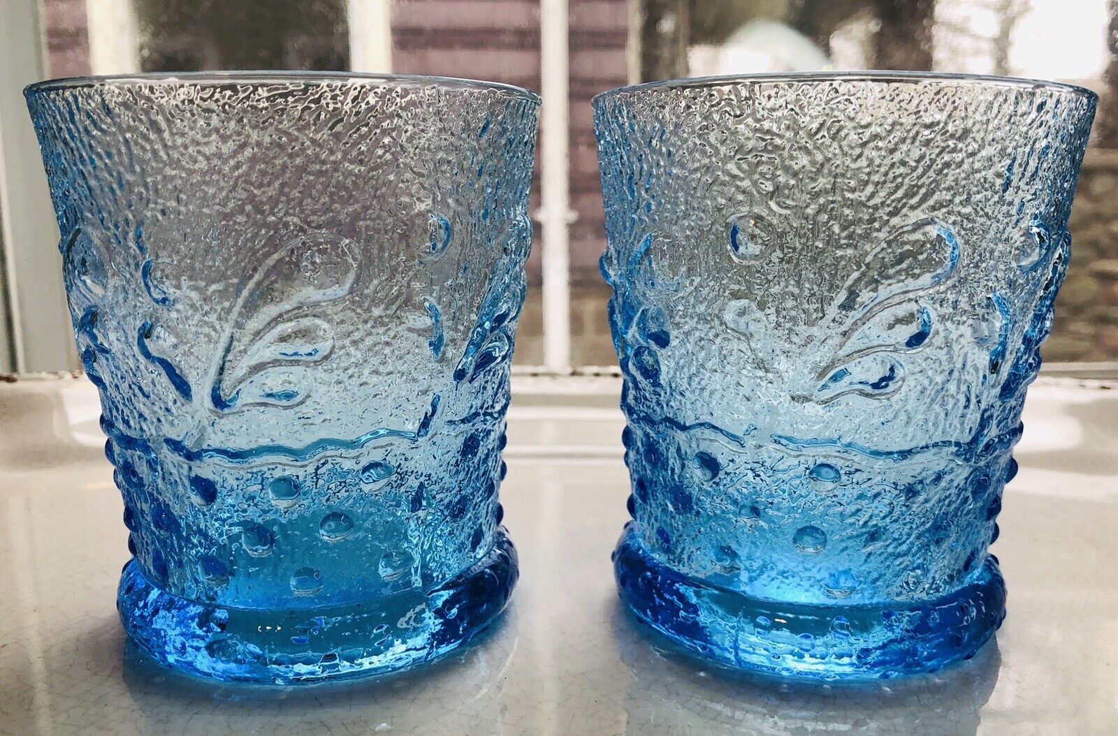 1980\'s Mid Mod Blue Texture Leaf Dot Whiskey Glass Hocking Amanda Barware RARE-2