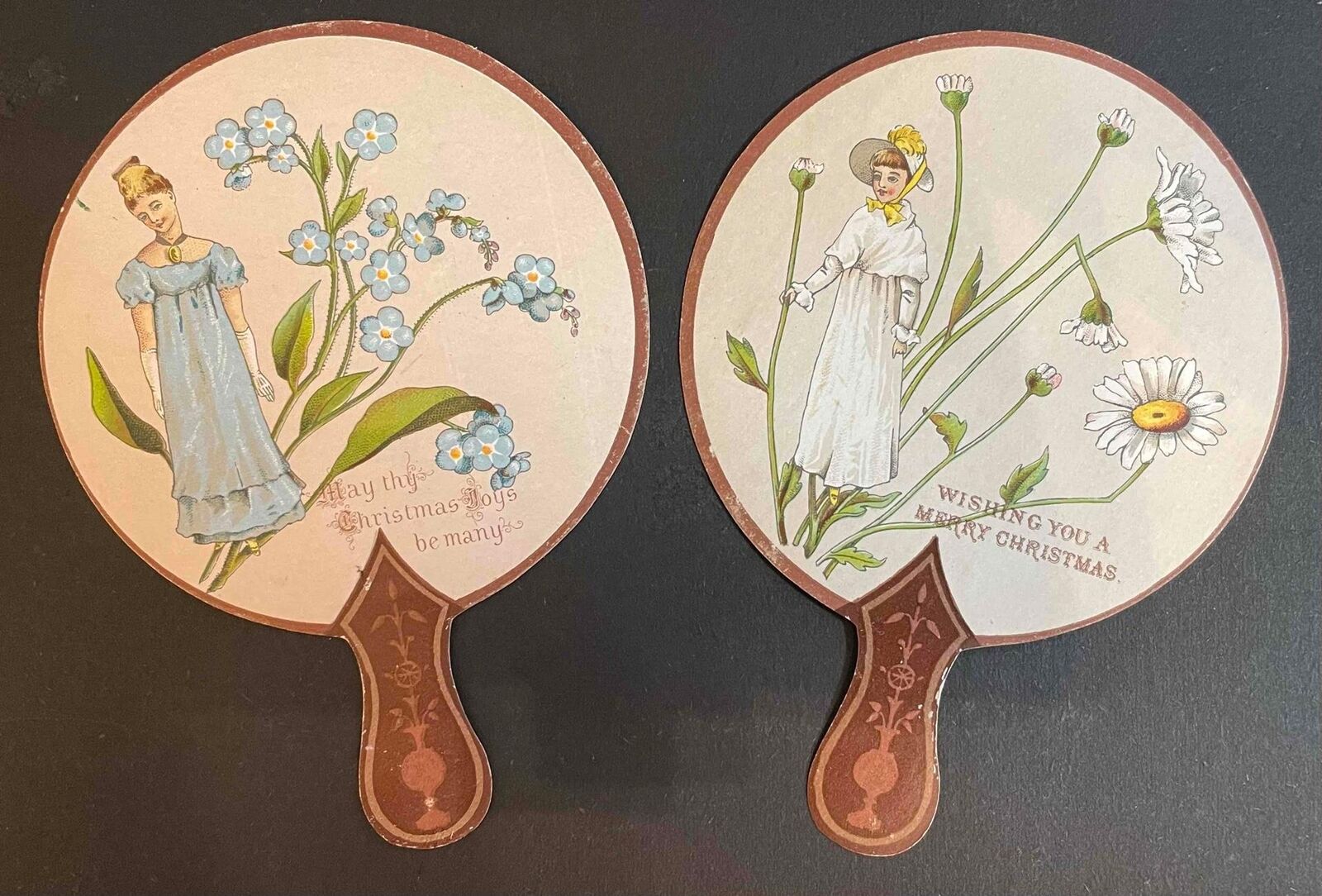 1880-1890\'s SET/2 VICTORIAN CHISTMAS CARDS DIE CUT FAN SHAPE GIRLS FLOWERS