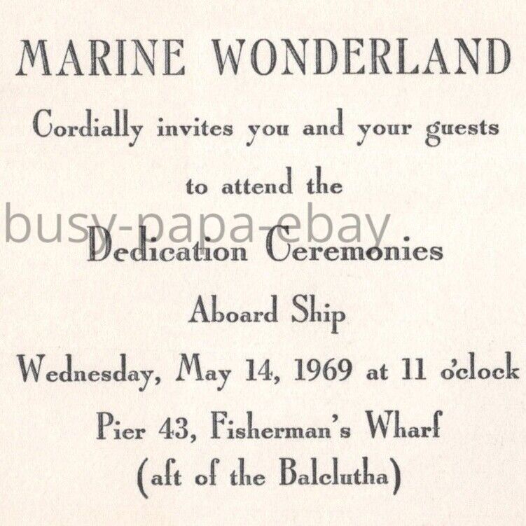 1969 Marine Wonderland Ship Ceremony Invitation Fisherman' Wharf San Francisco