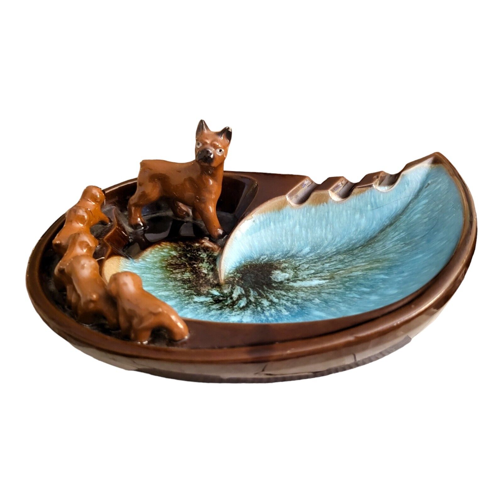 Vintage Boxer Dog and Puppies Rossini Ceramic Ashtray Japan MCM Blue Brown