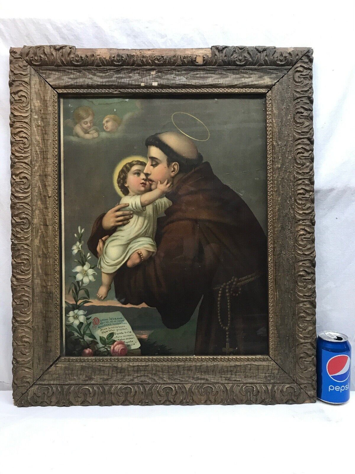 Vtg Antique ORNATE Frame Patron Saint Anthony Lost Cause Miracle Religious Print