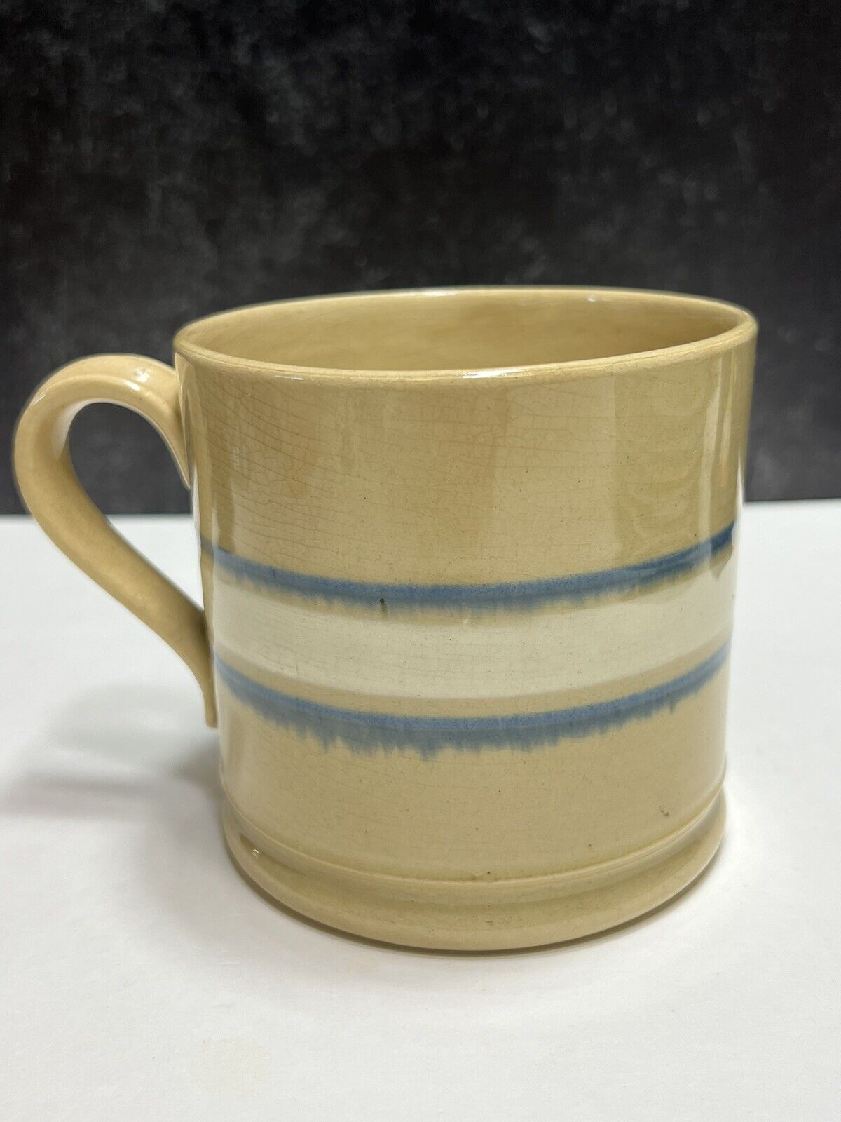 1800s Antique American Mochaware Blue and White Band Mug 3.75\