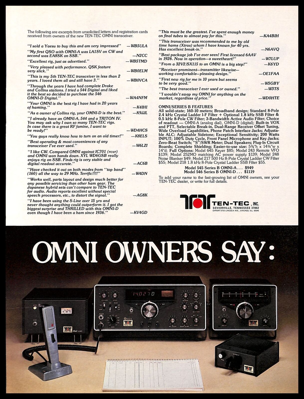 1979Ten-Tec OMNI Transceiver Vintage PRINT ADVERTISEMENT Amateur Radio Reviews 