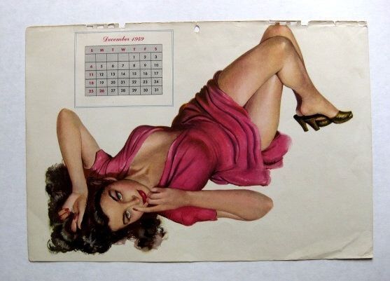 December 1949 Large Pinup Girl Calendar Page by Al Moore Seductive Brunette