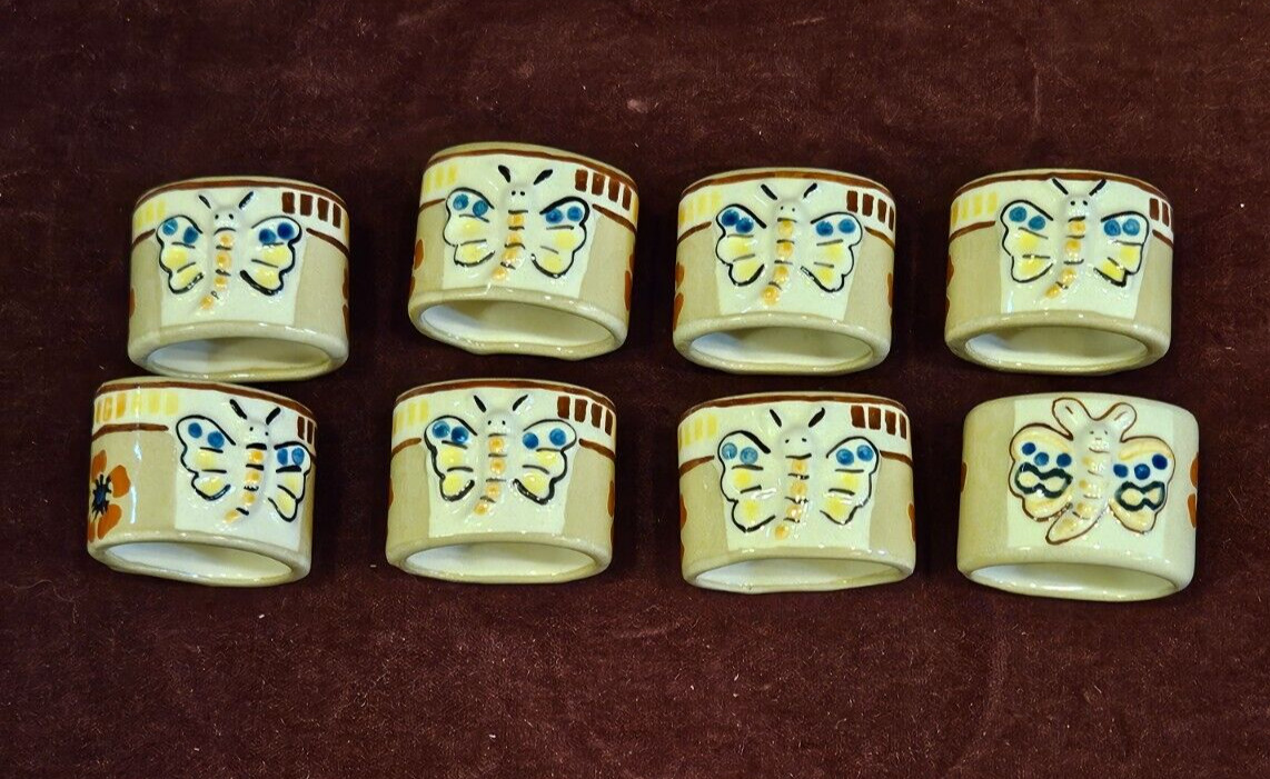 Polish Pottery Wiza Unikat Set of 8 Napkin Rings Butterfly